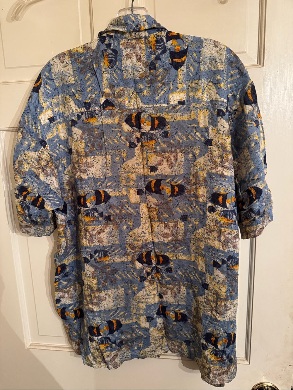 Men's Casual Blue Patterned Button-Down Shirt with fish graphic